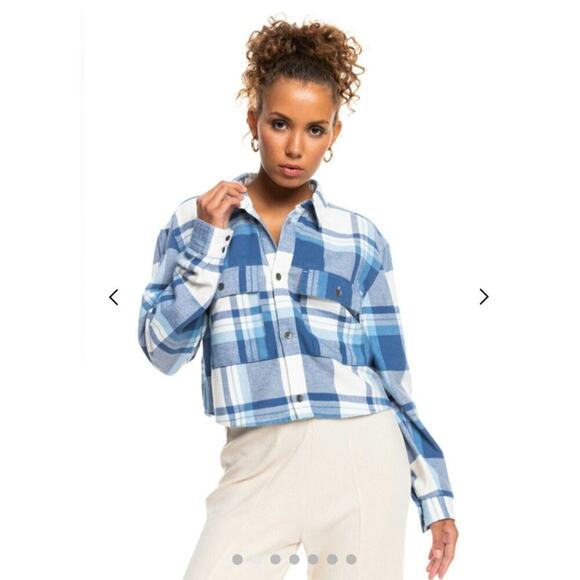 ROXY Both Ways Plaid Long Sleeve Cropped Button Up in Blue, sz Large - Picture 2 of 16